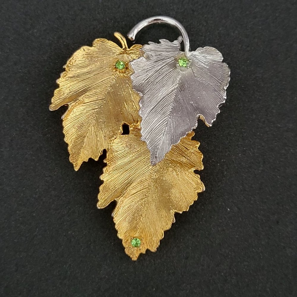 Two Tone Leaf Brooch Pin Light Green Crystals Brushed Gold and Silver Tone